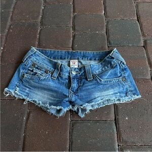True Religion Blue Jean Shorts Distressed Frayed Hem